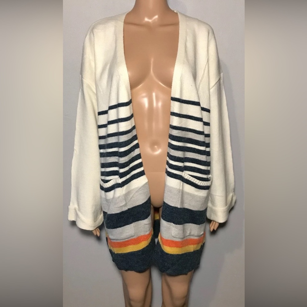 Main Strip Women's Cardigan SizeL Striped Long Flare Sleeve Pockets Acrylic Knit